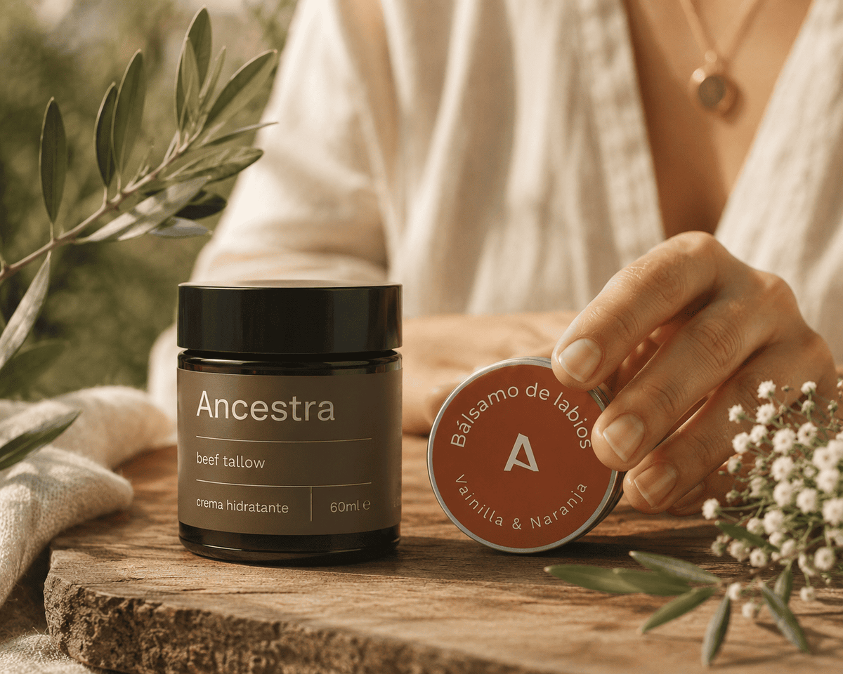 Crema hidratante y bálsamo labial de beef tallow de Ancestra sobre una mesa de madera